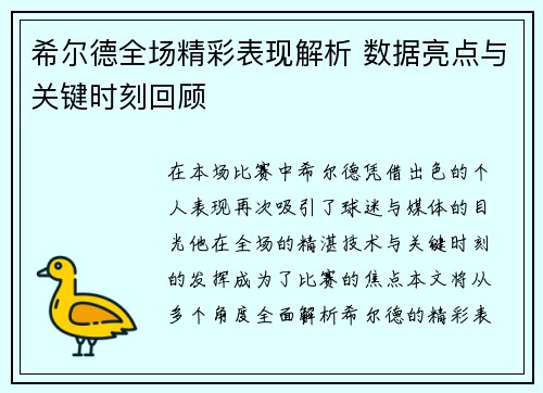 希尔德全场精彩表现解析 数据亮点与关键时刻回顾