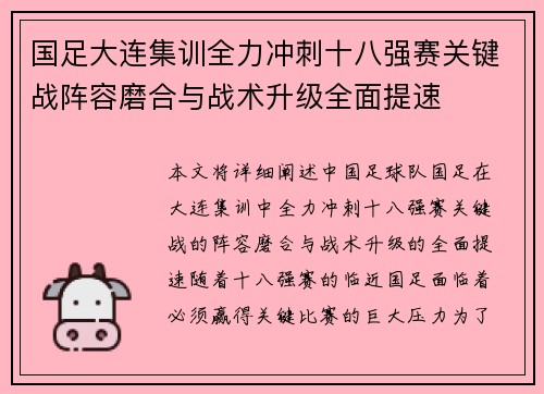 国足大连集训全力冲刺十八强赛关键战阵容磨合与战术升级全面提速