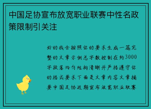 中国足协宣布放宽职业联赛中性名政策限制引关注